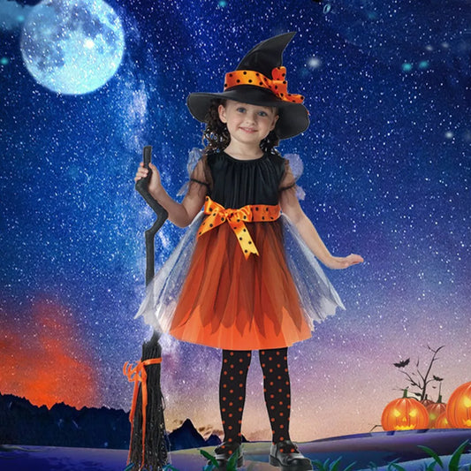 Girls Halloween Cosplay Kids Costume Children Gown Infant Witch Dress Clothing Set Hat Pumpkin Clothes For Children 2024 Hot