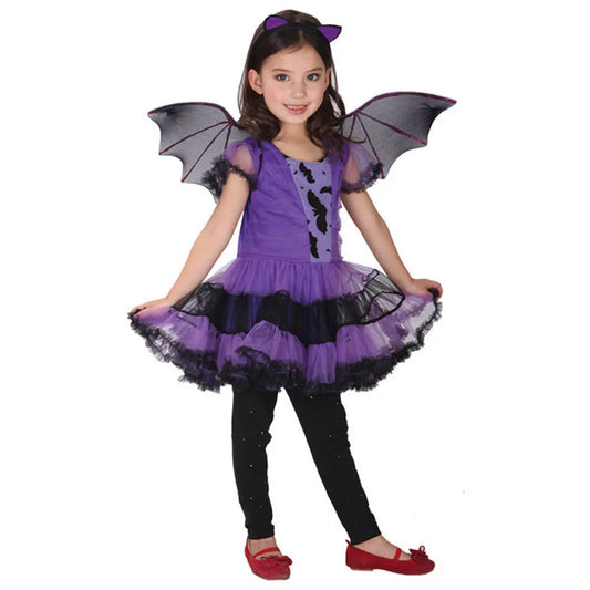 Kids Girls Purple Bat Vampire Princess Dress Fancy Cosplay Costume Witch Clothes With Wing Halloween Role Play Clothing Children